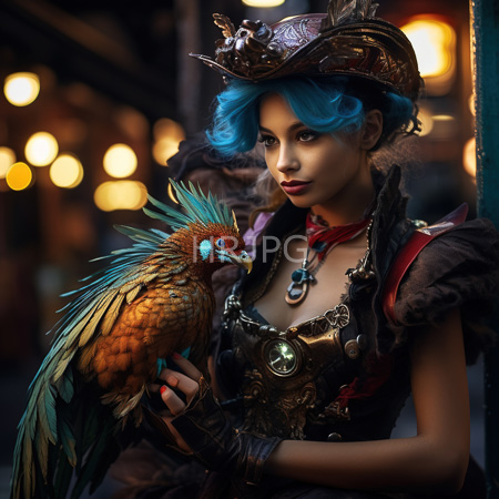 High Resolution: Photorealistic Asian woman with blue hair wearing steampunk attire and an ornate hat holding a colorful bird with glowing bokeh lights in the background download. | HRJPG.com