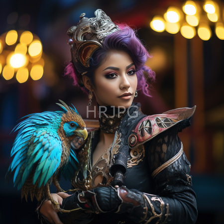 High Resolution: Photorealistic Asian woman with purple hair wearing ornate black and gold armor holds a vibrant blue bird resembling a macaw on her left arm download. | HRJPG.com