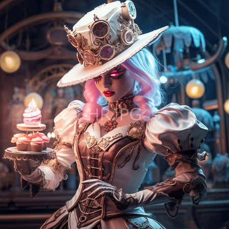 High Resolution: Anime-style woman with pink and white hair glowing red eyes wears steampunk-inspired attire including an ornate hat holding cupcakes in a dim-lit room download. | HRJPG.com