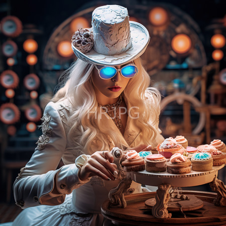 High Resolution: Elegant woman with long wavy platinum blonde hair wears blue reflective sunglasses a white lace-trimmed dress and a top hat holding pink-frosted cupcakes download. | HRJPG.com