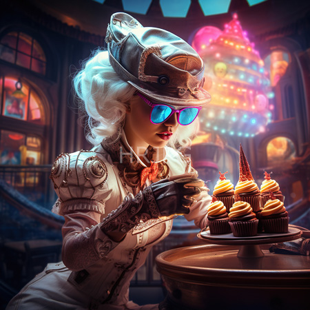 High Resolution: Anime-style woman with white curly hair wearing steampunk attire including goggles and a hat holding a teacup while inspecting cupcakes on a wooden table download. | HRJPG.com