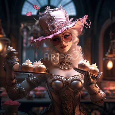 High Resolution: Elegant pale-skinned woman with curly white hair and a pink hat wearing intricate silver armor-like dress holds cupcakes on trays in a Gothic-style room download. | HRJPG.com