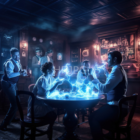 High Resolution: Six people in an old-fashioned dim-lit bar with wooden paneling seated at a center table surrounded by blue electric sparks emitting from its surface download. | HRJPG.com
