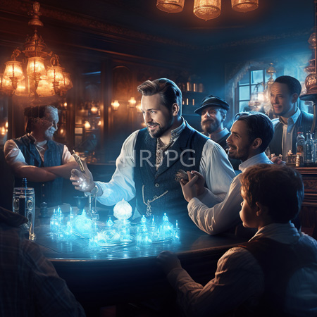 High Resolution: Atmospheric dim-lit vintage bar with warm amber lighting and glowing blue glassware where six men in period attire are seated around wooden bars download. | HRJPG.com