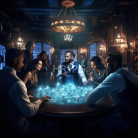 High Resolution: Elegant dim-lit bar with chandeliers and arched windows where six well-dressed men and one woman sit around a glowing candlelit table download. | HRJPG.com