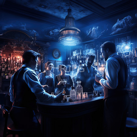 High Resolution: Five people in an atmospheric dim blue-lit bar with vintage decor and mounted animal heads on shelves conversing around a wooden counter download. | HRJPG.com