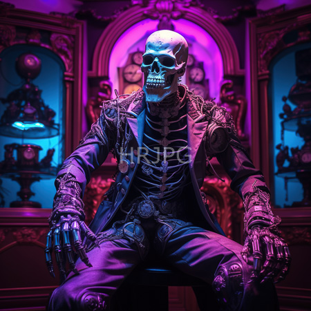 High Resolution: Eerie cyberpunk-style skeleton man seated in an ornate room with purple and blue lighting wearing a black leather jacket over exposed ribcage bones download. | HRJPG.com