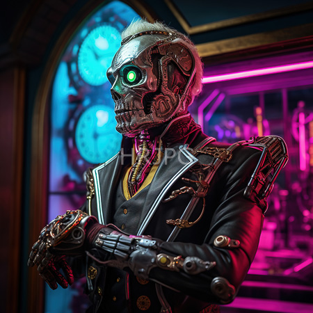High Resolution: Photorealistic anthropomorphic cybernetic figure with exposed mechanical parts and a human skull-like head featuring a glowing green eye in a dark leather suit download. | HRJPG.com
