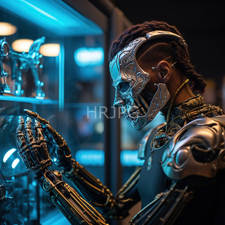 High Resolution: African-American male cyborg with a metallic prosthetic face and hands and dreadlocks standing beside illuminated glass shelves displaying similar cybernetic figures download. | HRJPG.com