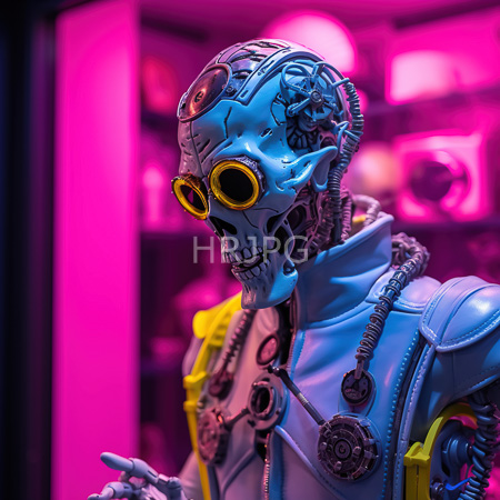 High Resolution: Intricately detailed cyberpunk-style humanoid robot with blue metallic skin and yellow-rimmed goggles on its skull-like face with exposed mechanical components download. | HRJPG.com
