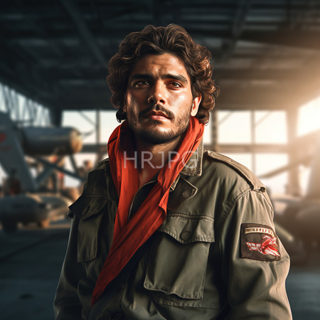 High Resolution: Attractive curly-haired South Asian man with dark skin wearing an olive green military-style jacket over a red scarf in a dim industrial warehouse download. | HRJPG.com