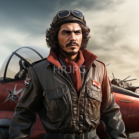 High Resolution: Photorealistic intense curly-haired Middle Eastern pilot with dark skin wearing aviator goggles and a brown leather jacket in front of a vintage WWII-era fighter plane download. | HRJPG.com