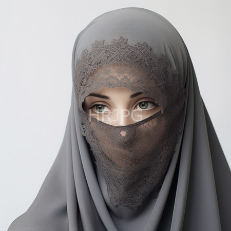 High Resolution: Arab woman with light brown skin and green eyes wearing a gray lace hijab that covers her face except for her expressive eyebrows download. | HRJPG.com