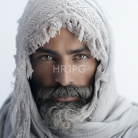 High Resolution: Middle Eastern man with dark brown skin intense amber eyes and a thick gray beard wearing a textured white headscarf against a plain light background download. | HRJPG.com