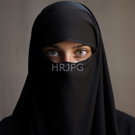 High Resolution: Individual with light brown eyes partially visible through a black hijab covering their face and neck against a neutral gray background download. | HRJPG.com