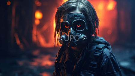 High Resolution: Individual with wet disheveled brown hair wearing a black gas mask and dark military-style clothing in front of glowing orange-red lights download. | HRJPG.com