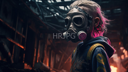 High Resolution: Androgynous child with light blonde hair wearing a large metal gas mask and blue denim overalls in dark industrial ruins download. | HRJPG.com