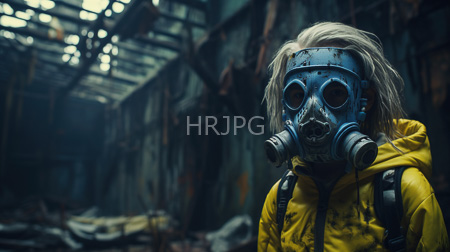 High Resolution: Individual with disheveled blonde hair wearing a blue gas mask and yellow hoodie in a darkened industrial ruin filled with rusted metal structures download. | HRJPG.com