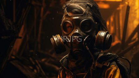 High Resolution: Individual with dark tied-back hair wearing a metallic gas mask and yellow-gold armor over black clothing illuminated by orange light from background flames download. | HRJPG.com