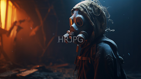 High Resolution: Individual in dim post-apocalyptic lighting wearing tattered clothing and a dirty hooded mask with large circular lenses and brown dreadlocks download. | HRJPG.com