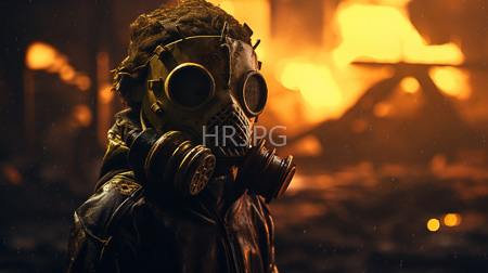 High Resolution: Individual with dark curly hair wearing a worn-out gas mask and tattered leather jacket in front of intense orange flames download. | HRJPG.com