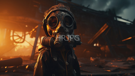 High Resolution: Individual in dark weathered leather clothing wearing a vintage-style gas mask against a dilapidated industrial background illuminated by warm orange light download. | HRJPG.com