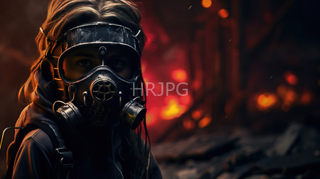 High Resolution: Individual with long wavy brown hair wearing a black gas mask and dark clothing in front of a fiery orange-red background in a blurred forest setting download. | HRJPG.com