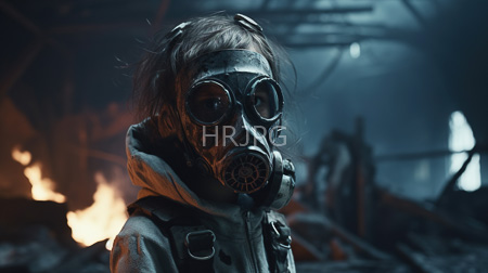 High Resolution: Individual with disheveled brown hair wearing a dirty gray hooded jacket and a vintage-style gas mask in front of dim lighting from fires inside a dilapidated industrial building download. | HRJPG.com