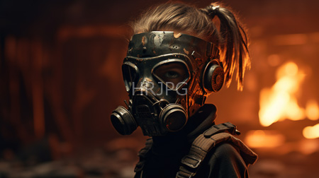 High Resolution: Intense dark-haired woman with a ponytail wearing a metallic gas mask and headphones in a dim orange-lit environment with rugged clothing download. | HRJPG.com