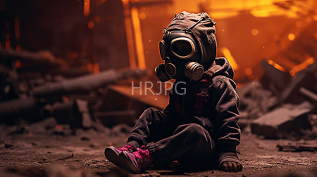 High Resolution: Individual sitting on rubble wearing dark blue jeans and pink sneakers with a large black gas mask covering their face amidst blurred orange flames download. | HRJPG.com