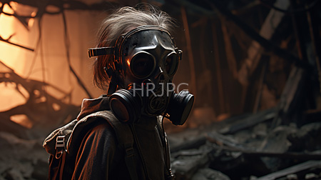 High Resolution: Photorealistic individual with disheveled gray hair wearing a metallic gas mask and a brown leather jacket in a post-apocalyptic ruin illuminated by orange light download. | HRJPG.com