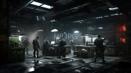High Resolution: Dark industrial scene depicts six soldiers in tactical gear standing around workstations and equipment within an expansive warehouse-like setting download. | HRJPG.com