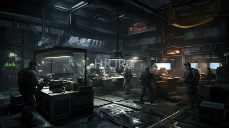 High Resolution: Detailed dark industrial workshop with dim lighting eight soldiers in tactical gear stand around cluttered workstations examining equipment download. | HRJPG.com