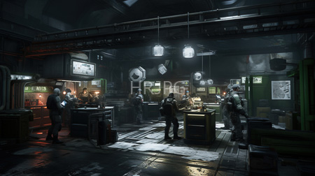 High Resolution: Dark atmospheric painting depicts six armored soldiers in an industrial laboratory with dim lighting and scattered snow on metal floors download. | HRJPG.com