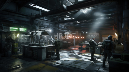 High Resolution: Dark atmospheric scene depicts three armed soldiers in tactical gear inside an industrial warehouse with dim lighting and exposed pipes download. | HRJPG.com