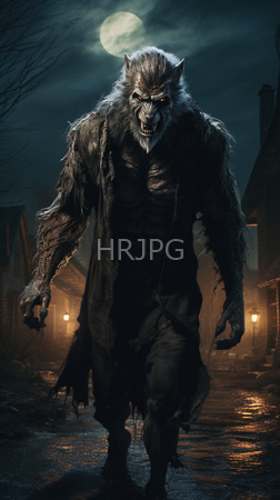 High Resolution: Intimidating werewolf standing in a dark foggy village street at night under a full moon with gray fur and tattered black clothing download. | HRJPG.com