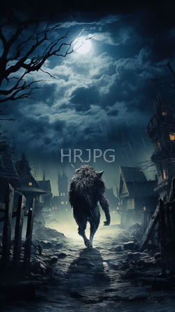 High Resolution: Eerie moonlit village at night with rain falling gently on cobblestone streets and a large werewolf standing in the center foreground download. | HRJPG.com