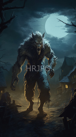 High Resolution: Intimidating muscular werewolf with sharp claws and fangs under a full moon in a dark village at night wearing tattered clothes download. | HRJPG.com
