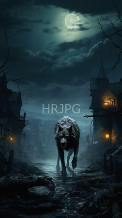 High Resolution: Eerie moonlit village under dark clouds with a full crescent moon and a menacing wolf-like creature walking through a muddy street download. | HRJPG.com
