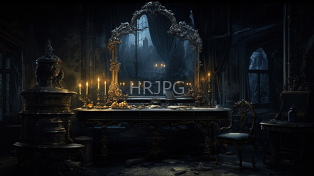 High Resolution: Dark Gothic-style painting depicts an ornate Victorian writing desk with intricate gold carvings mirrors and cluttered papers in dim candlelight download. | HRJPG.com