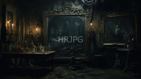 High Resolution: Dark atmospheric photograph of an ornate Victorian-style room with dim candlelight gold-framed mirrors and shadowy figures reflecting download. | HRJPG.com