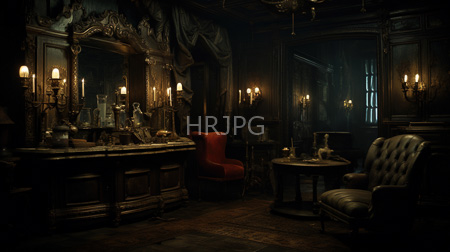 High Resolution: Opulent dim-lit Victorian-style room with dark wooden walls ornate mirrors and a red velvet armchair beside a round table set for tea download. | HRJPG.com