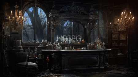 High Resolution: Dark atmospheric painting depicts an ornate Victorian-style barroom with intricate woodwork gilded details and a large wooden counter with liquor bottles download. | HRJPG.com
