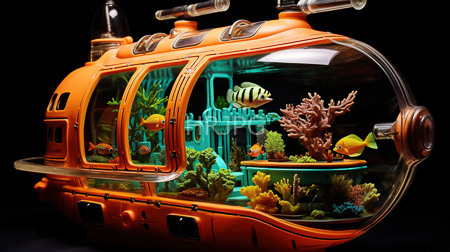 High Resolution: Orange futuristic aquarium resembling a submarine with a clear dome and porthole windows featuring vibrant marine life and coral reef structures download. | HRJPG.com