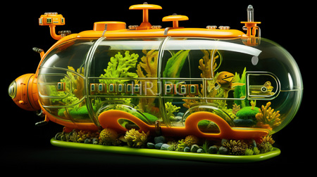 High Resolution: Elaborate futuristic aquarium with a clear glass dome housing vibrant green and orange coral reefs with control panels and smooth pebbles at the base download. | HRJPG.com