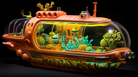 High Resolution: Intricately detailed futuristic underwater submarine in vibrant orange with clear glass dome windows showcasing colorful coral and sea life download. | HRJPG.com