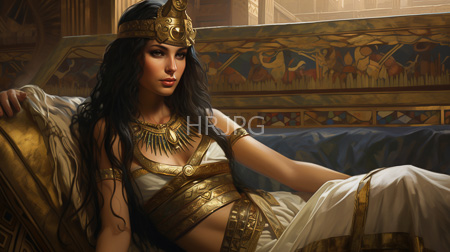 High Resolution: Alluring dark-haired woman with olive skin lounging on ornate Egyptian-style furniture in ancient regalia with gold headgear and intricate jewelry download. | HRJPG.com