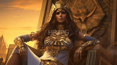 High Resolution: Egyptian queen with dark skin and long brown hair wearing ornate gold headdress adorned by Anubis' headpiece and white linen robe download. | HRJPG.com