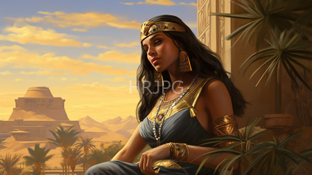 High Resolution: Egyptian queen with dark skin and long black hair wearing gold headgear and large triangular earrings sitting on stone steps beside a palm tree download. | HRJPG.com