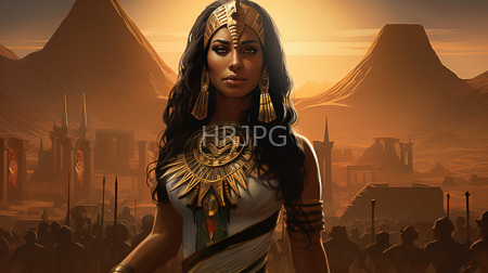 High Resolution: African woman with dark wavy hair and bronze skin standing in front of ancient Egyptian-style pyramids at sunset wearing gold headgear and intricate jewelry download. | HRJPG.com